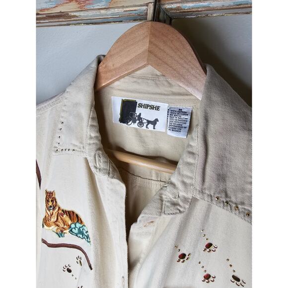 Tiger khaki Collared Button Up Top Ladies size Medium by Shipshe - Picture 8 of 12